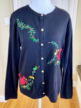 Classic Elements Sweater Cardigan Holiday Christmas Cardinal Black Red Multi (M)